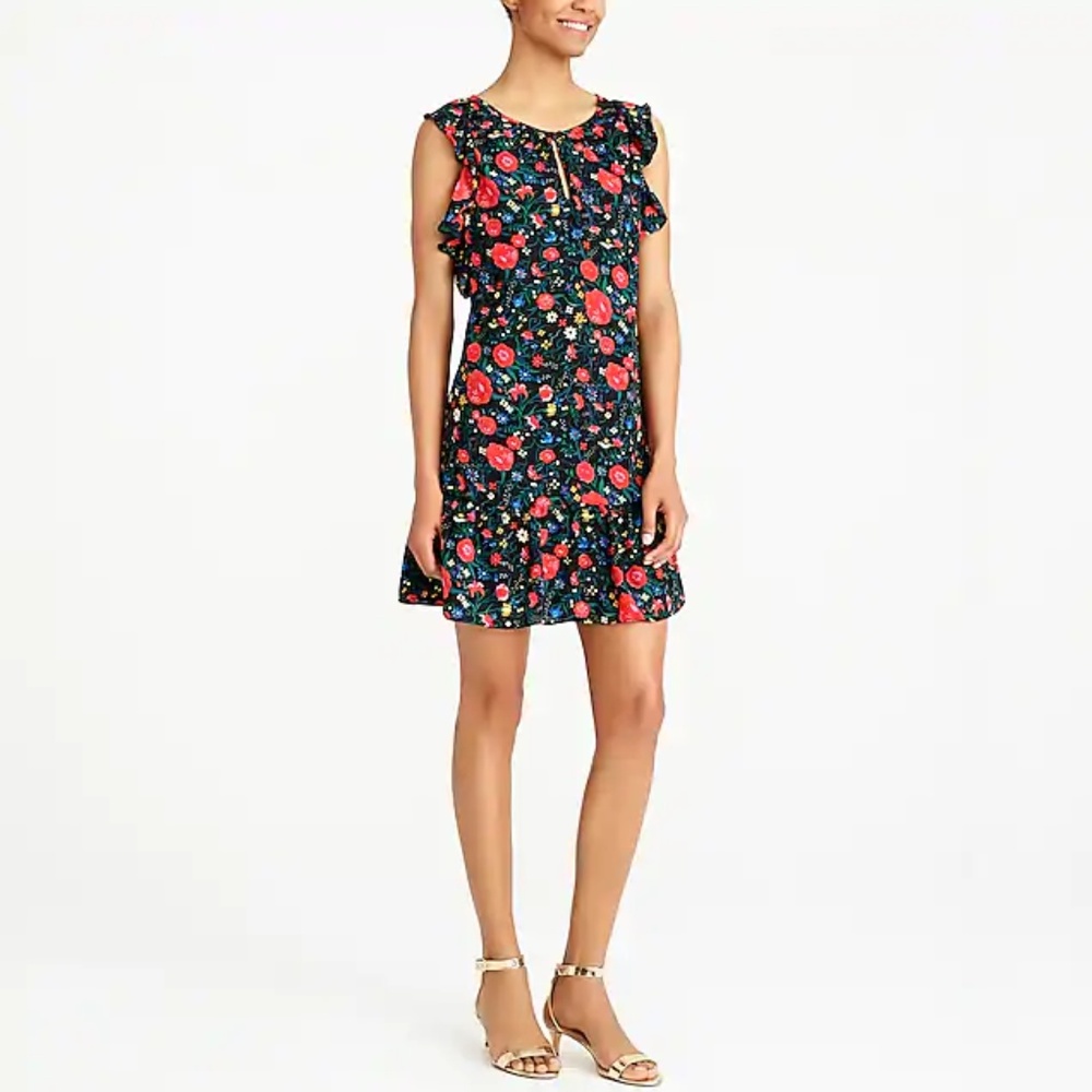 J CREW NWT Printed Black & Floral Flutter Dress